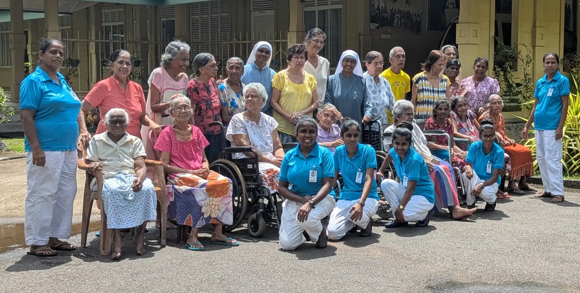 Elderly person smiling in a garden, representing care and peace